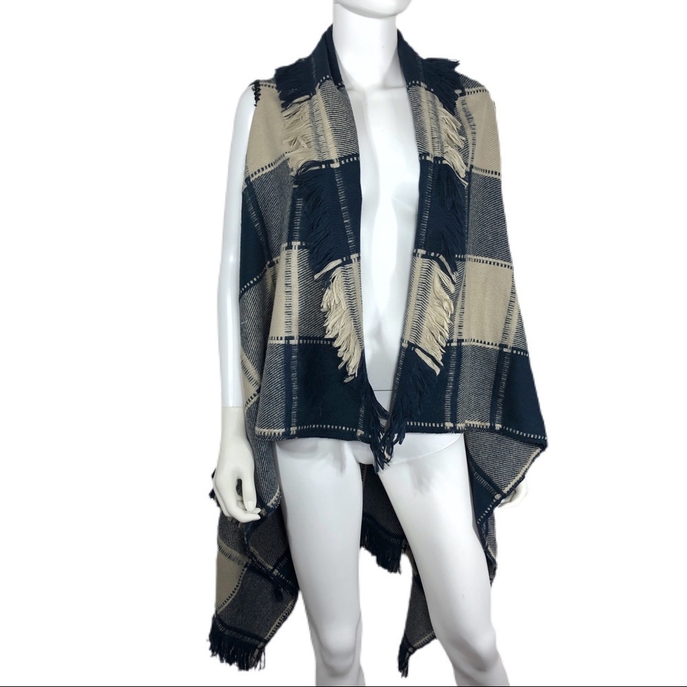 Sleeveless Plaid Hem Tassel Drape Open Front Cardigan Vest